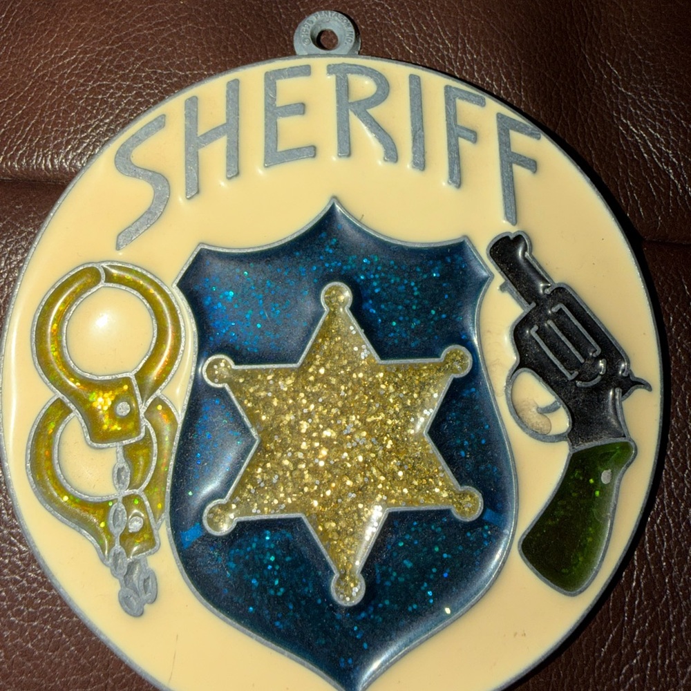 Vintage Stained Glass Sheriff Badge Suncatcher/Ornament with Glitter Accents